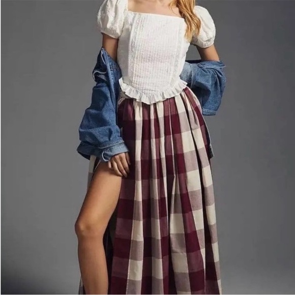 Anthropologie Dresses & Skirts - Anthropologie Burgundy and Cream Plaid Maxi Skirt